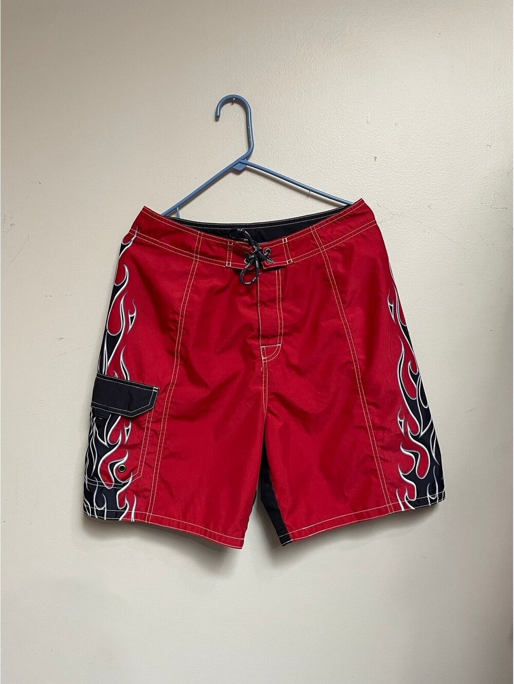 Old Navy Men's Red and Black Flame Print Board Shorts Size M